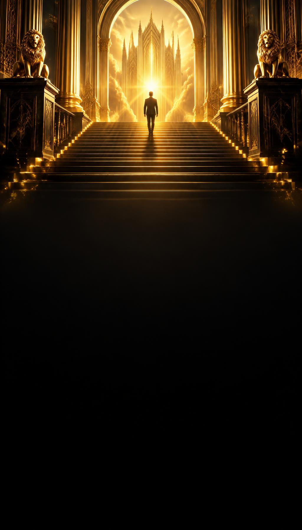 Una persona sube la escalera dorada hacia la luz
